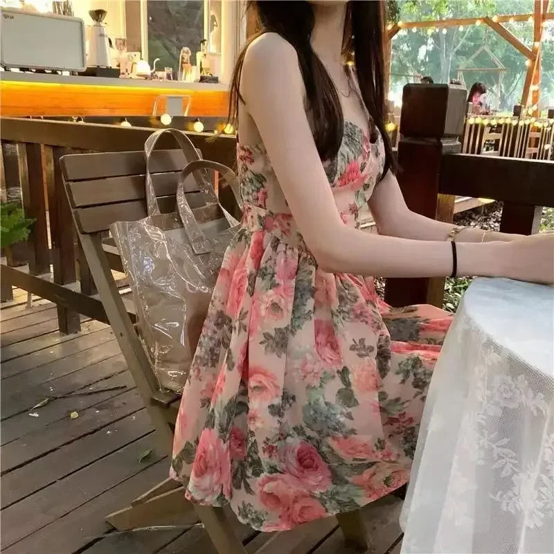 Elegantes, hoch tailliertes, schlankes, florales Tank kleid für Frauen im Frühling und Sommer im französischen Stil