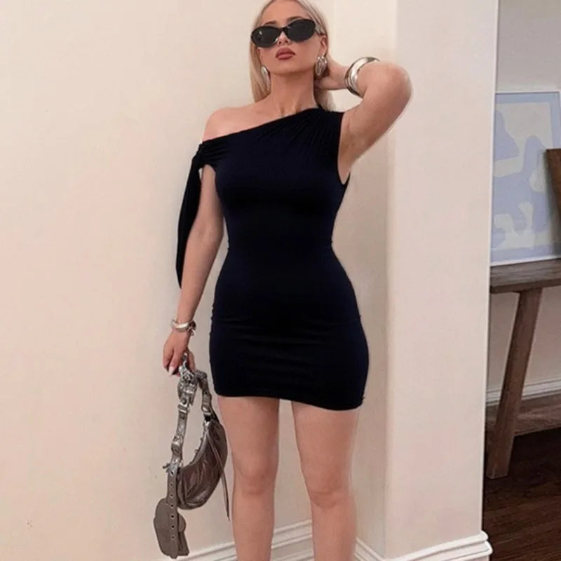 Talenza Schwarz Eine Schulter Mini Kleid Mode Heiße Mädchen Sexy Ärmellose Patchwork Bandage Kurze Kleider Frauen Neue Enge Kleider