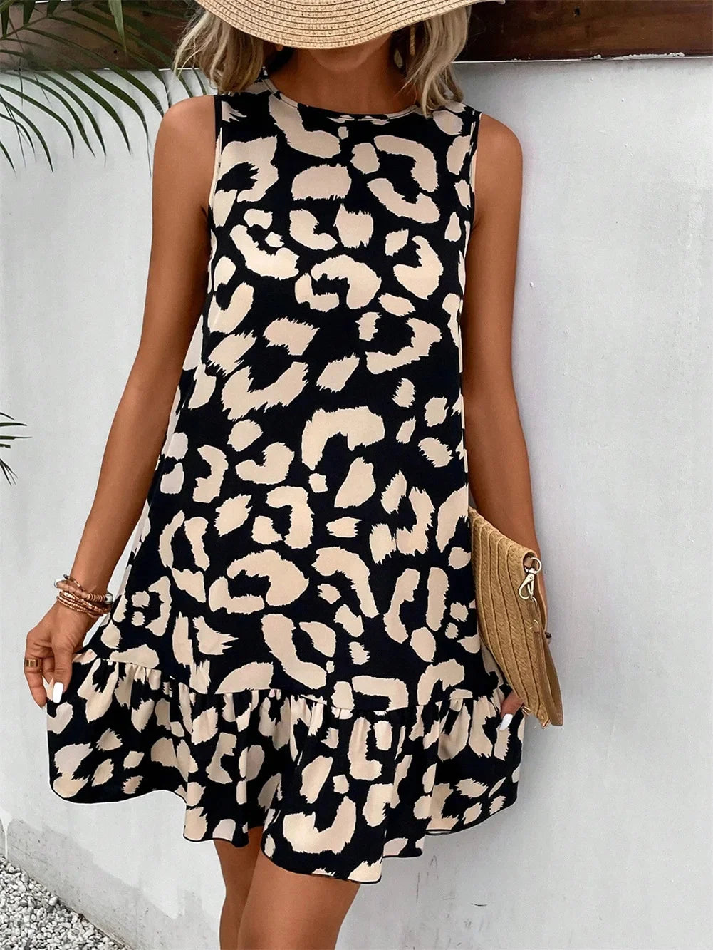 Frauen Sommer Stil Kleid Dame Casual Ärmelloses Leopard Gedruckt Dünnes Mini A-linie Kleid