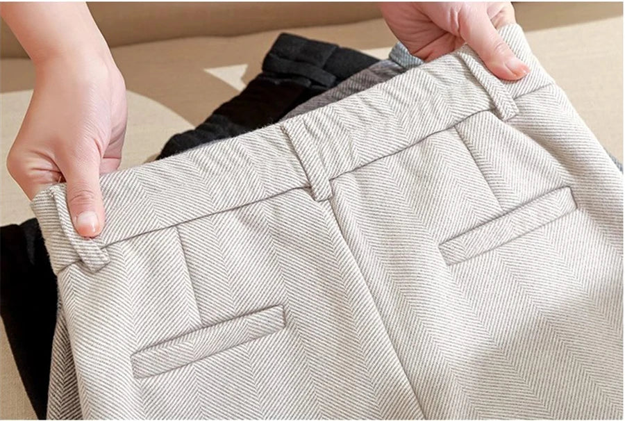 High Waist Wool Blend Pants Women Winter Thicken Plush Lined Harem Pantalones Office Casual Warm Ankle-length Woolen Spodnie