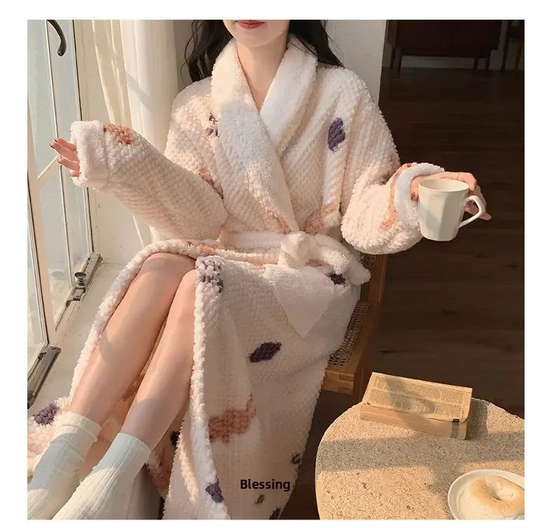 Verdickte Korallen Fleece Robe frauen V-ausschnitt Gürtel Langarm Mid-länge Süße Stil Warme Hause Kleidung Winter Saison