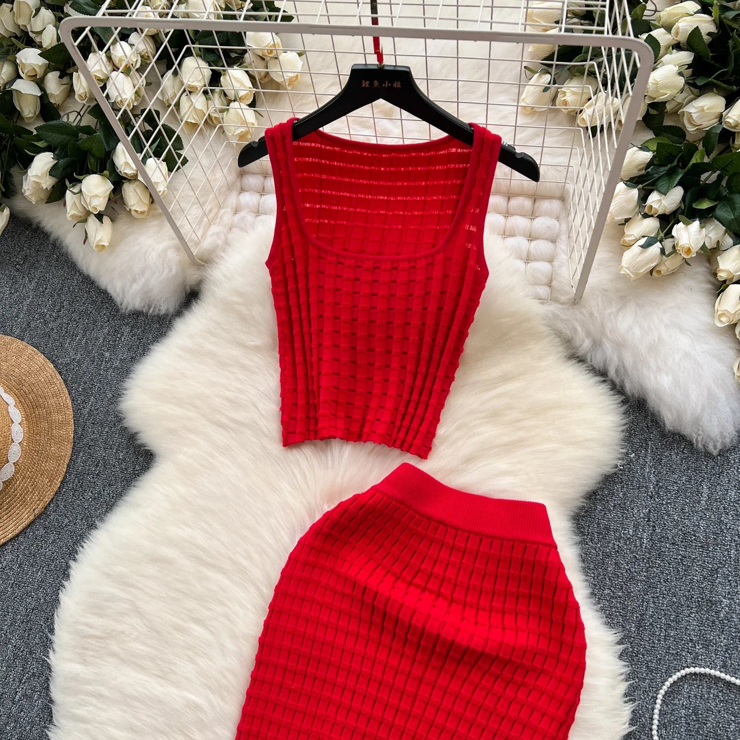 Sommer Frauen Mode Rock Set sexy ärmellose Tanktops hohe Taille schlanke lange Saya weibliche zweiteilige Anzüge stricken feste Kleidung