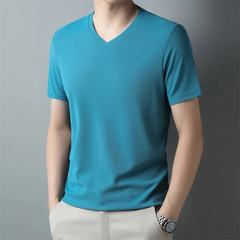 2024 Herren Neues Waffel-T-Shirt mit V-Ausschnitt und kurzen Ärmeln, Sommer, bequemes Oberteil