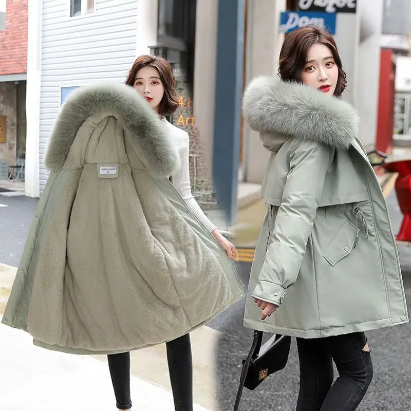 Frühling Parkas Frauen Mäntel Mittlere Länge Mantel Dicke Warme Mit Kapuze Kordelzug Jacken Splice Zipper Enge Taille Jacke Herbst Winter