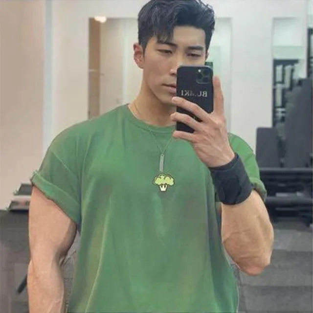 Hochwertige Turnhallen T-Shirt Männer Bodybuilding drucken lose T-Shirt Workout Fitness T-Shirts Männer Kleidung Baumwolle Kurzarm Sport hemd