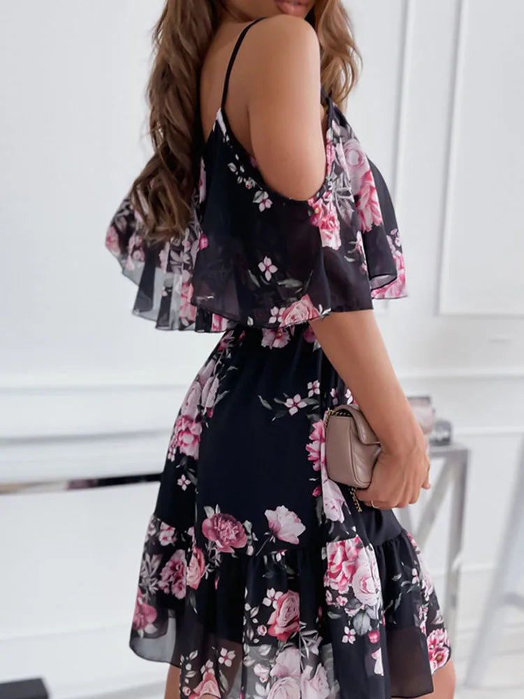 Sexy Off Schulter Floral Chiffon Mini Frauen Kleid 2022 Sommer Kurzarm Casual Weiß Rüschen Kleider Für Frauen Robe Femme