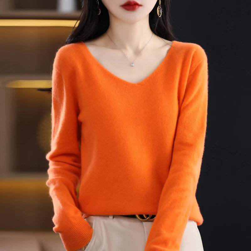 Frauen 100% Merinowolle Pullover V-Ausschnitt Basic Pullover Herbst Winter Kaschmir Kleidung Langarm weiche Strickwaren Tops einfarbig