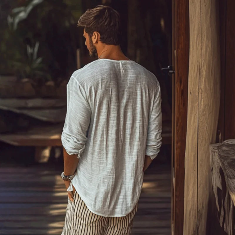 Basic-Leinenhemd für Herren mit V-Ausschnitt, langärmelig, atmungsaktiv, bequem, lässig, Sommer, schmale Passform, Knopfhemd für Herren, Übergröße erhältlich