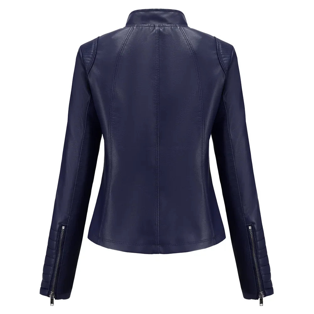 New 20 Women's Leather Jacket Thin Motorcycle Style Short Fashion Women's Jacket Stand Collar Full Sleeve from Mainland China