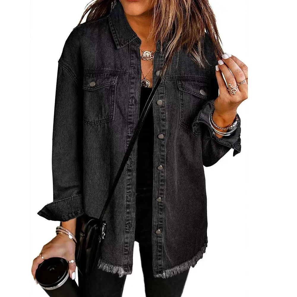 Gewaschene Denim Jacke Frauen Herbst Quaste Revers Jeans Jacke Weibliche Casual Lose Langarm Einreiher Oberbekleidung Shirts Mantel