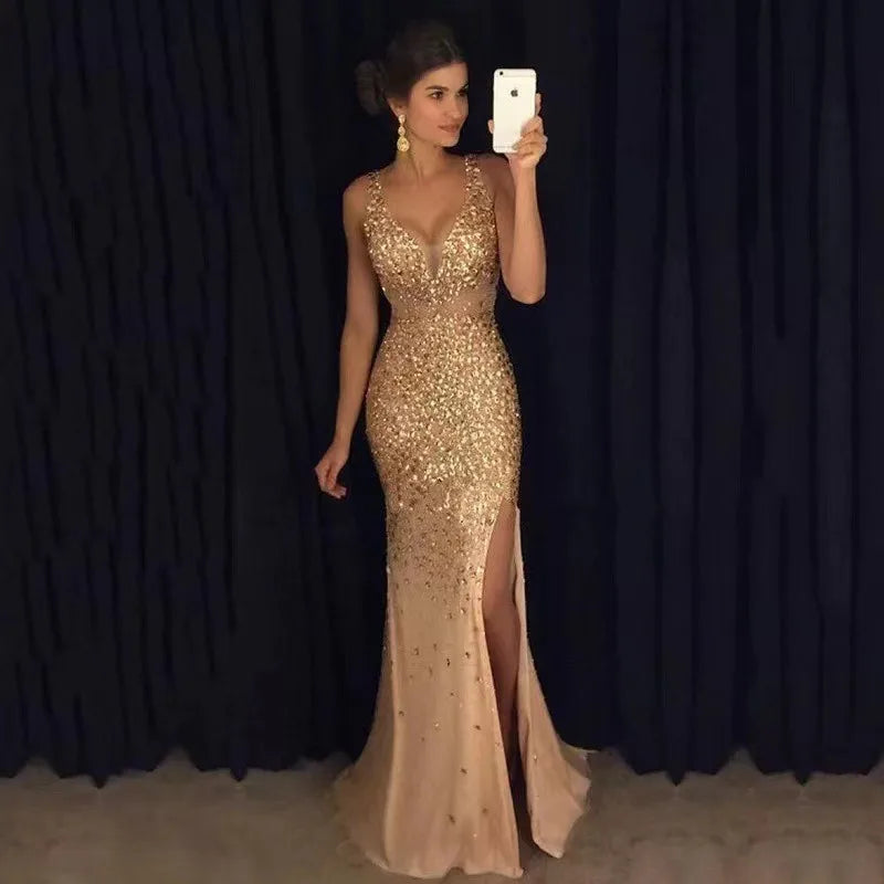 2023 neue Frauen Party Kleid Mesh Patchwork Pailletten Ärmel Split Saum Abendkleid Meerjungfrau Form Slim Fit Prom Bankett Kleid