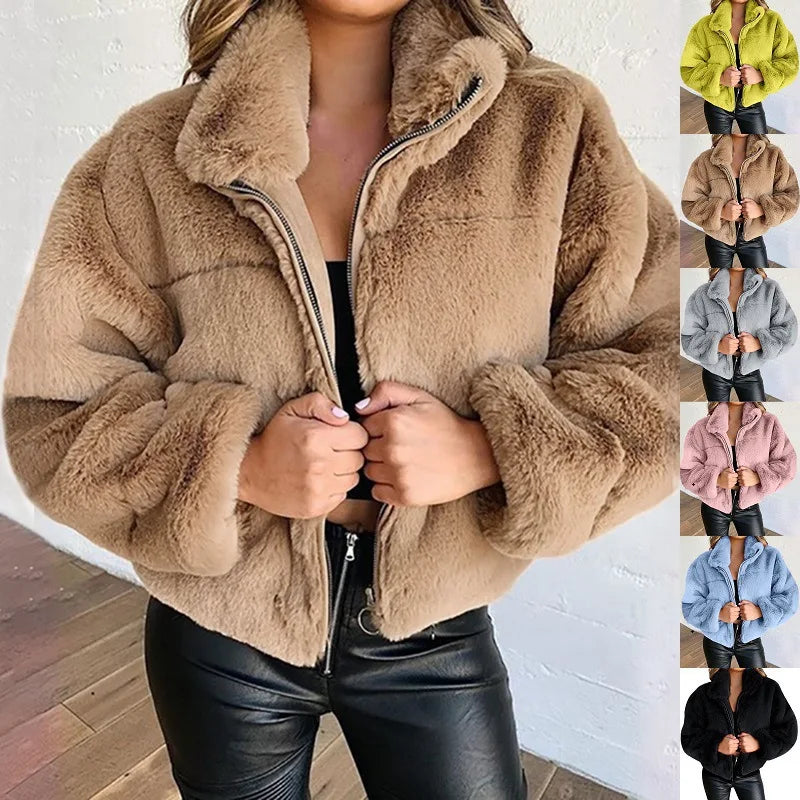 2025, Winter frauen Warme Jacke Zipper Strickjacke Faux Pelz Mode Langarm Stehen Kragen Plüsch Mantel für Weibliche