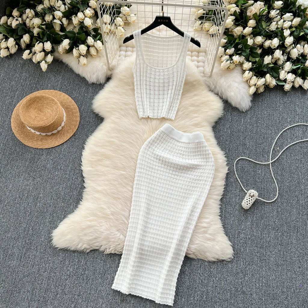 Sommer Frauen Mode Rock Set sexy ärmellose Tanktops hohe Taille schlanke lange Saya weibliche zweiteilige Anzüge stricken feste Kleidung