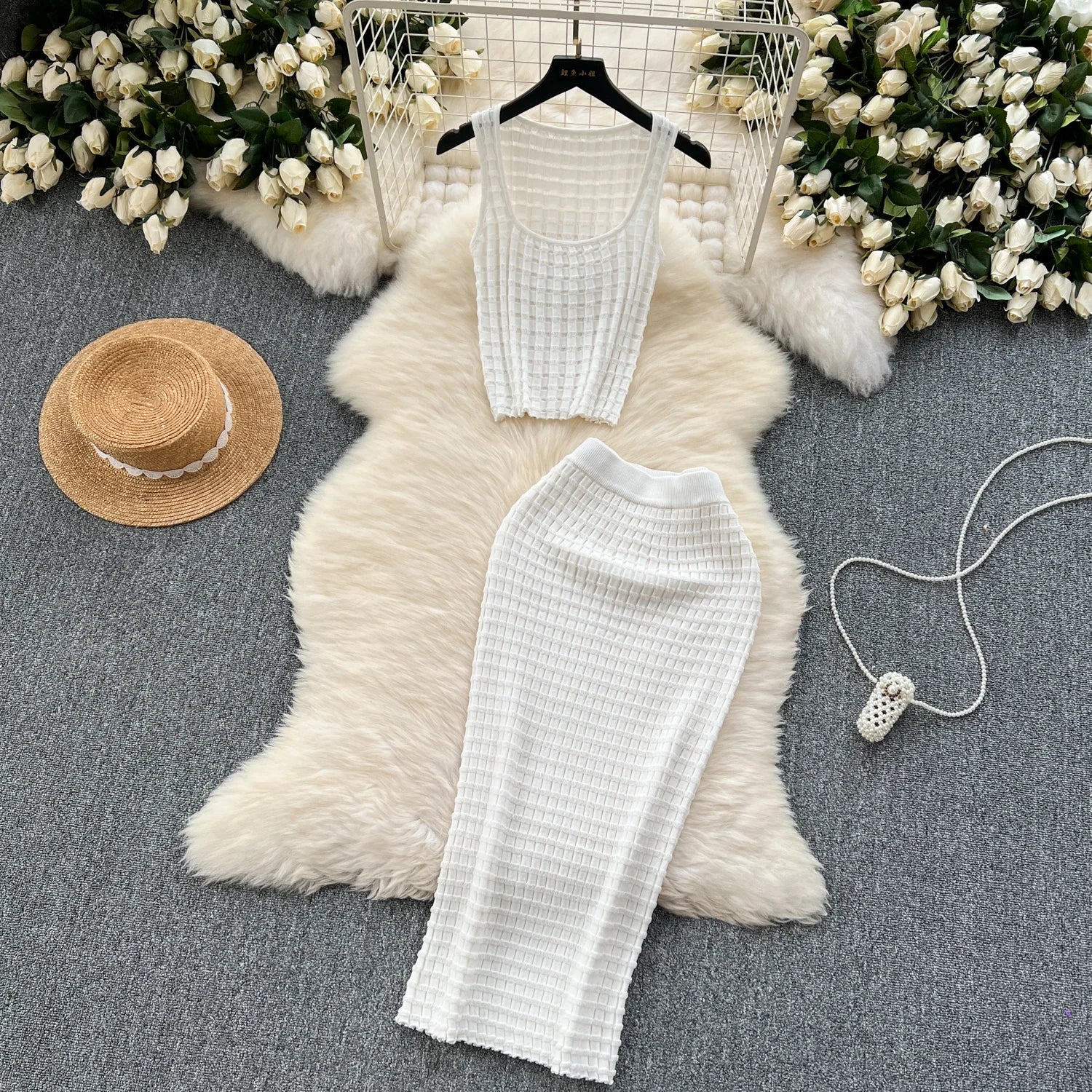 Sommer Frauen Mode Rock Set sexy ärmellose Tanktops hohe Taille schlanke lange Saya weibliche zweiteilige Anzüge stricken feste Kleidung