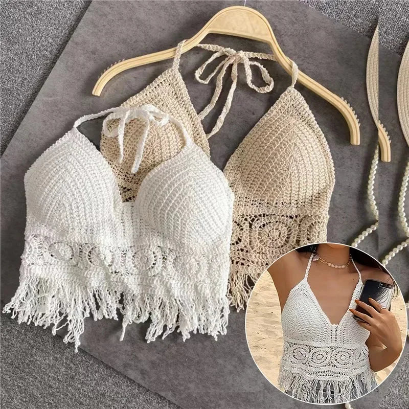 2024 sommer Sexy Strand Kurze Crop Top für Frauen Leichte Aushöhlen Häkeln Quasten Saum Halter Bhs Bustier mit Brust Pads