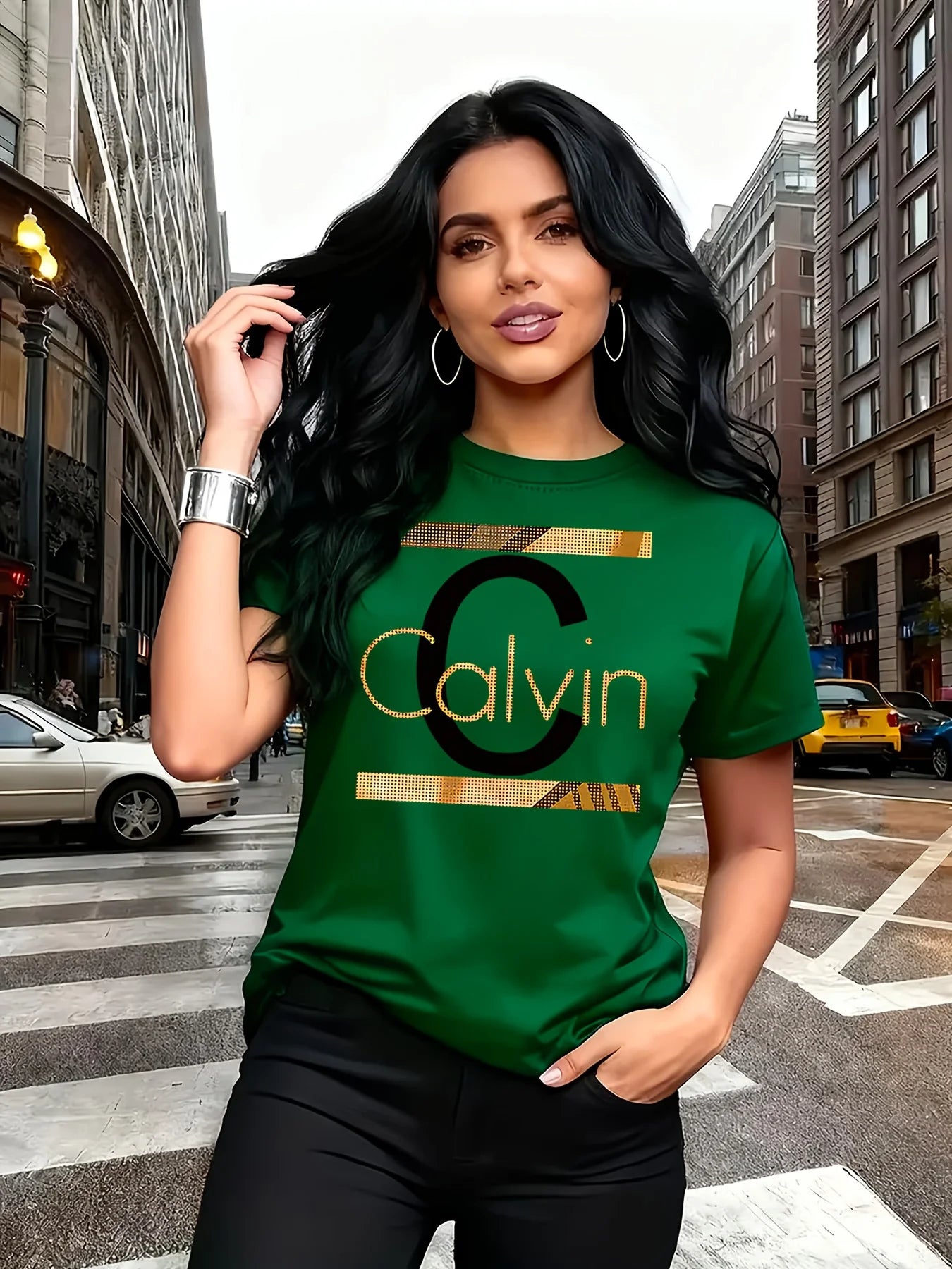 Calvin Buchstaben-Print Damen-T-Shirt - Goldgrafik Grünes Casual-Oberteil