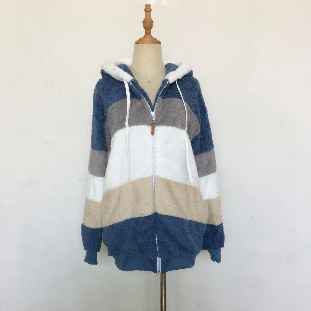 Warme Fleece-Übergroße Kapuzenjacke für Damen, Herbst und Winter, verdickte Reißverschlusstasche, Patchwork-Kleidung, bequemes Sweatshirt