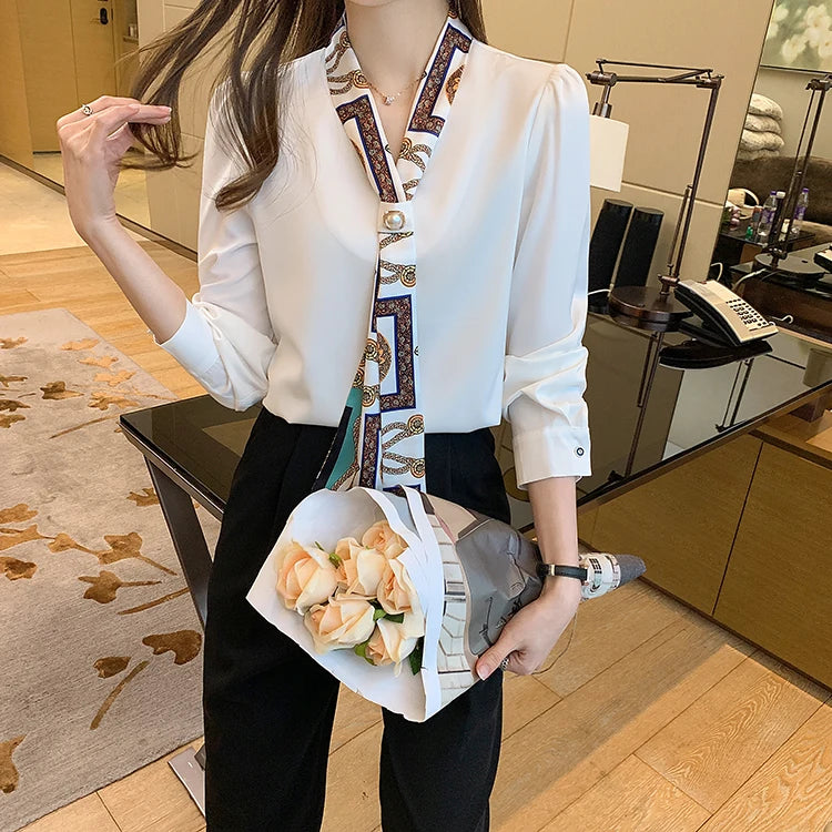 H Han Königin Frühling Chiffon Einfache Büro Dame Bluse Weibliches Hemd Bogen Tops Langarm Casual Koreanische OL Lose Blusen Frauen