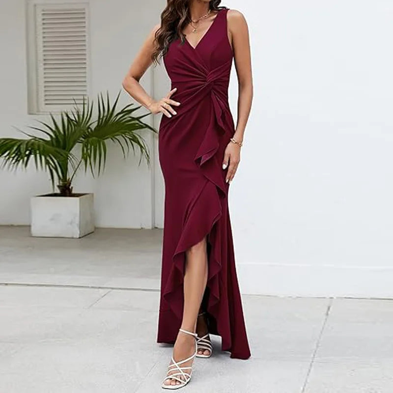 Sexy Schlitz, Rüschen, ärmellos, Abendkleider für Damen, modisch, V-Ausschnitt, schlank, plissiert, elegantes weibliches Maxi-langes Kleid 2025,