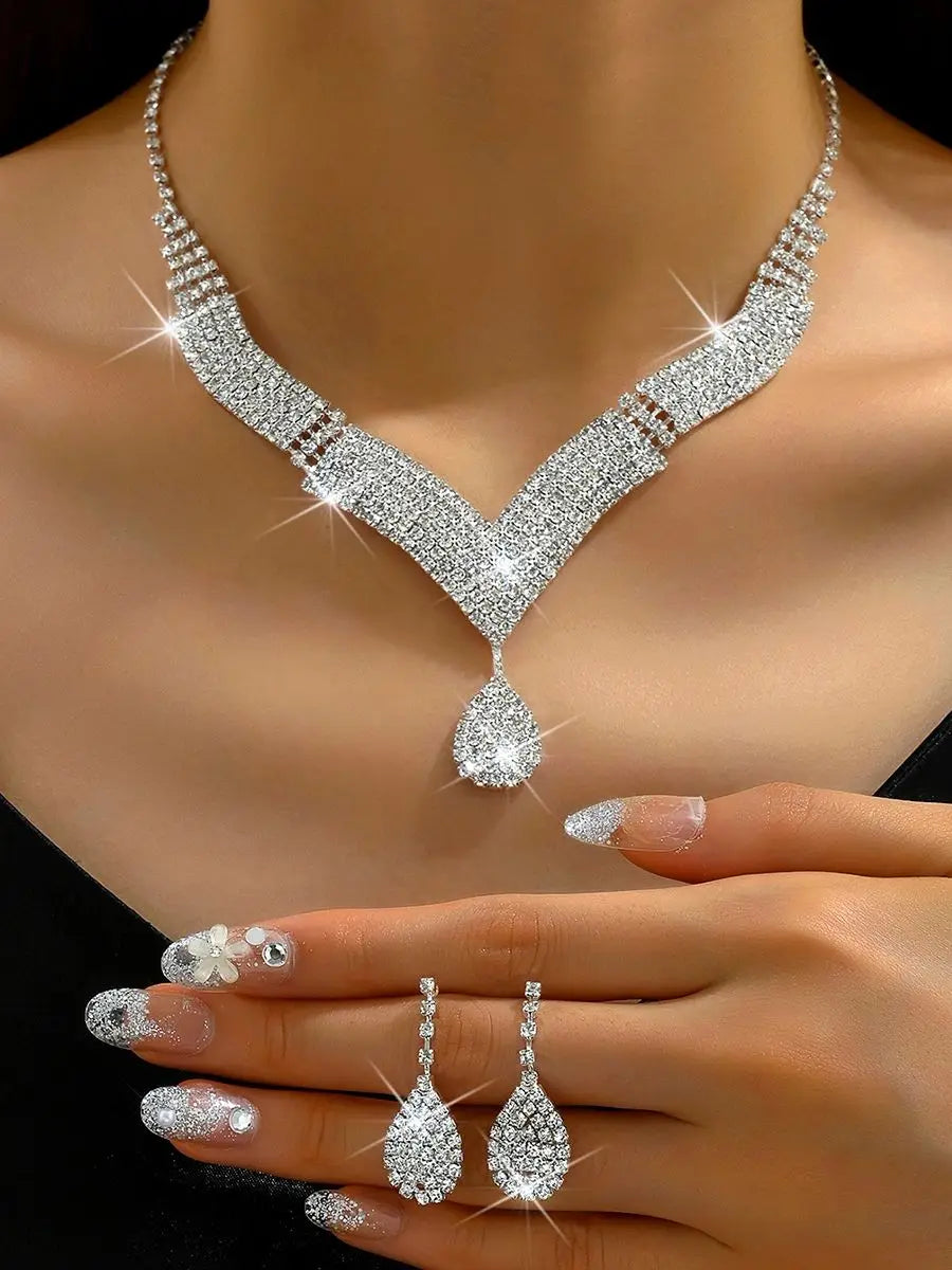 3 Stück modische Strasssteine, Wassertropfen, Halsketten, Ohrringe, Schmucksets, Damen-Hochzeitsaccessoires