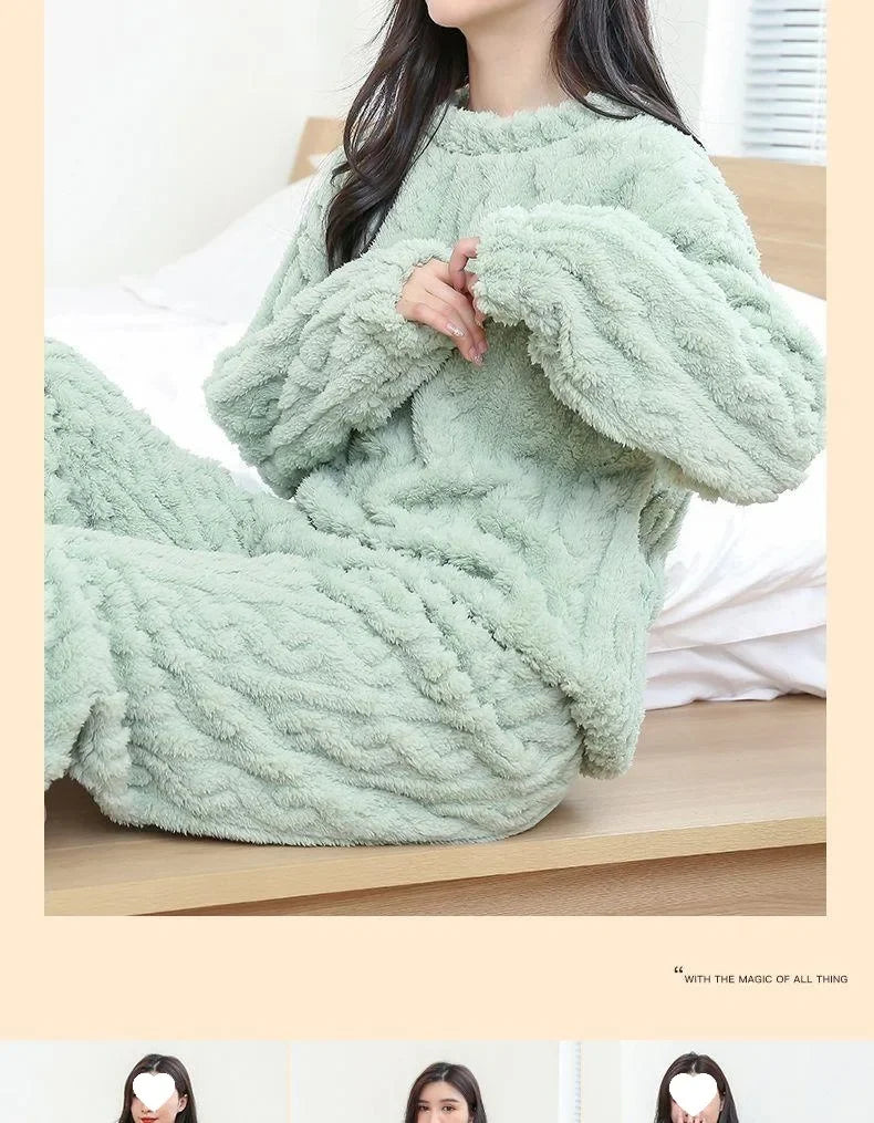 Thickened Coral Fleece Pajamas Set Women's Winter Home Clothes Sleepwear Velvet Material Warm Cozy Winter New Arrival