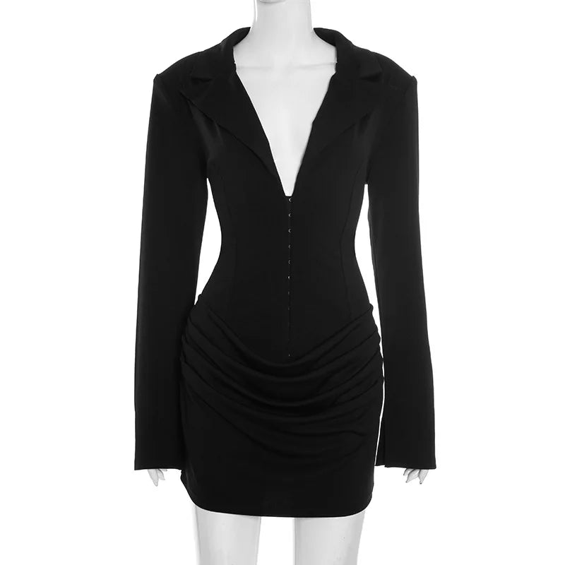 2023 neue Herbst Winter Mini Kleider Mode Frauen Langarm Tiefem V-ausschnitt Sexy Geraffte Bodycon Abend Party Club Blazer Vestidos