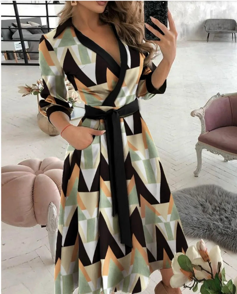 Herbst Neue Casual frauen Mode Lange ärmeln V-ausschnitt Gedruckt Muster Mid-länge Elegante Gedruckt frauen Kleid