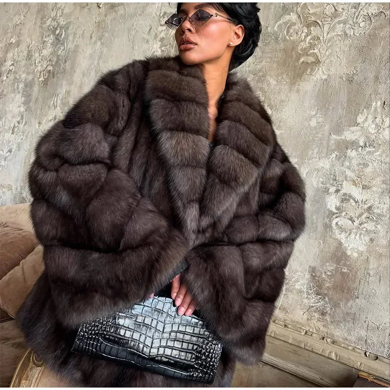 Brauner mittellanger Pelzmantel für Damen, Revers, versteckter Knopf, lockere, elegante Oberbekleidung, 2025, modischer Bürodame, Pendelmantel, Neu