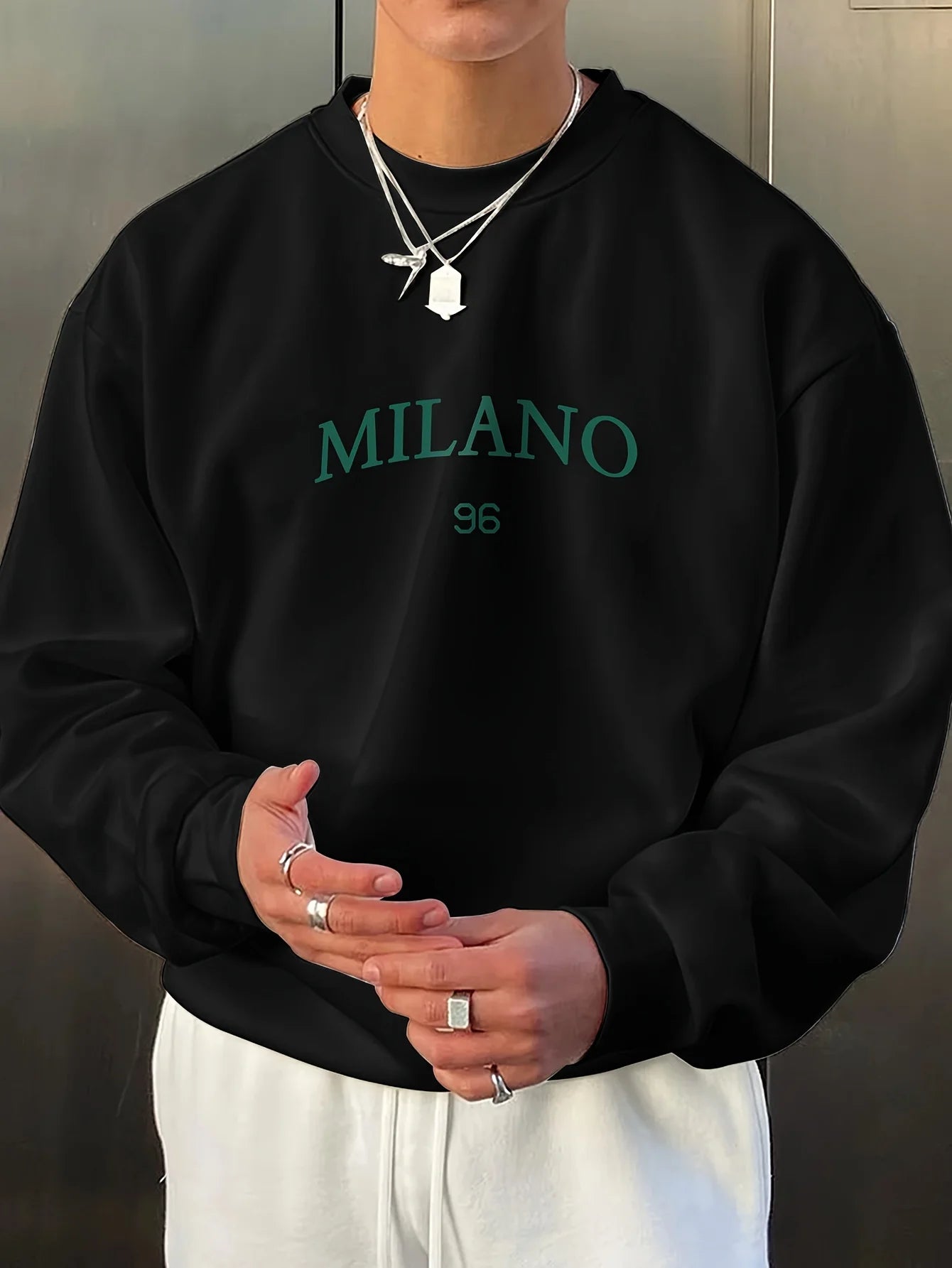 Men's autumn and winter fashionable casual loose MILANO 96 print fleece pullover long sleeved round neck sweatshirt