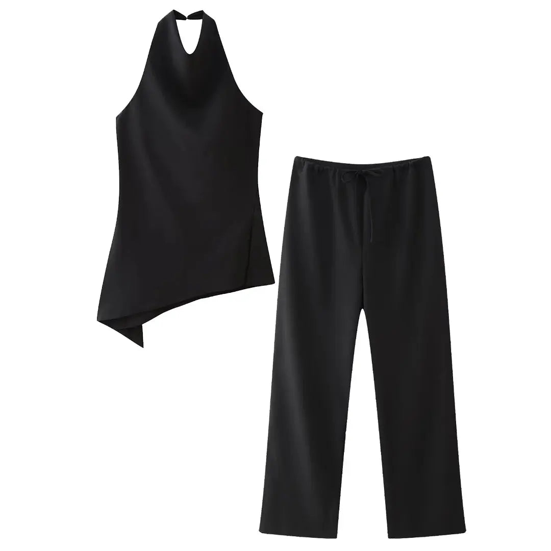 HH Frauen Vintage Solide Hose Sets Sexy Backless Halter Camis Top Asymmetrische Tank Top + Kordelzug Hosen Mode Streetwear