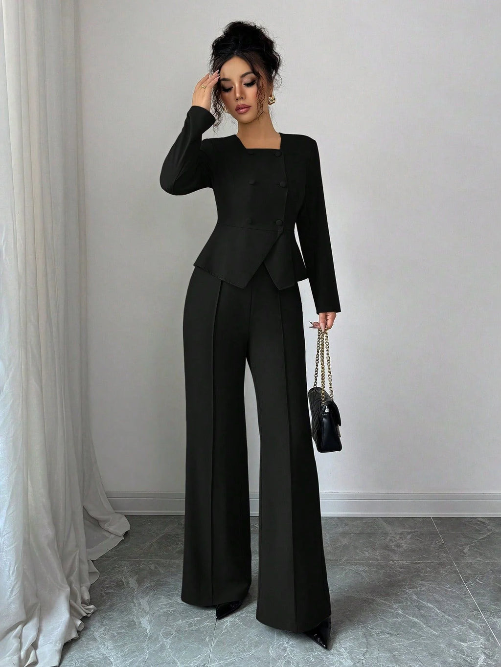 2026 Damen Business-Anzug, 2-teilig, Eleganter Zweireiher-Blazer mit eckigem Ausschnitt und Schößchen + High-Waist Schlaghose, Formelles Büro-Outfit