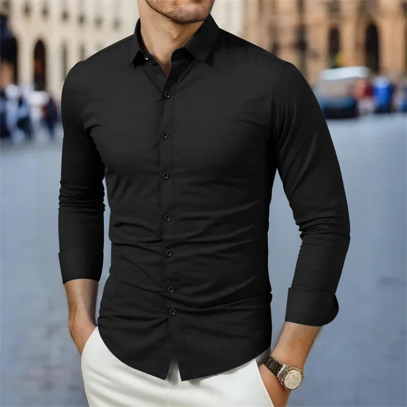 Neues, langärmliges, einfarbiges Business-Casual-Hemd für Herren, knitterfrei, knitterfrei, bequem, vielseitiges Oberteil für die ganze Saison