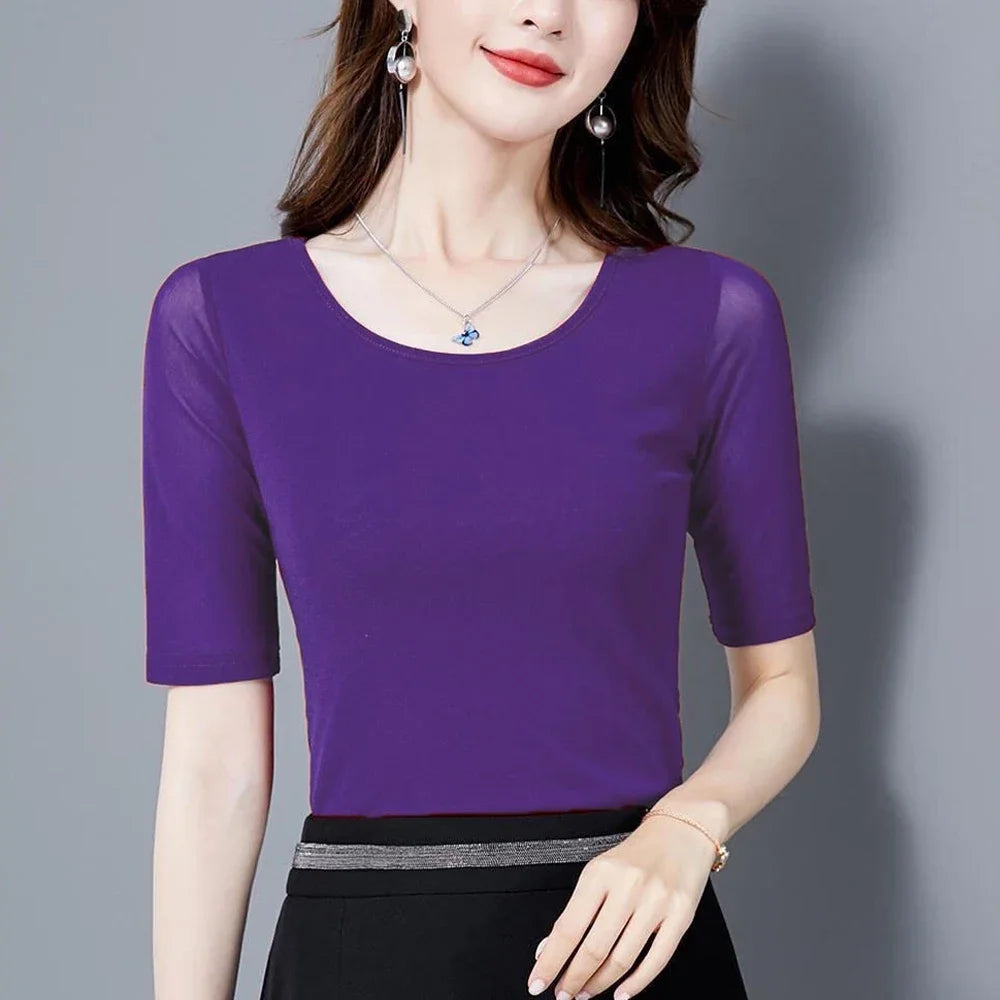 S-3XL Purple Blue Red Green Shirt Women Transparent Mesh Short Sleeve O-neck Thin T shirt Half Sleeve O Neck Female Blouses Tops