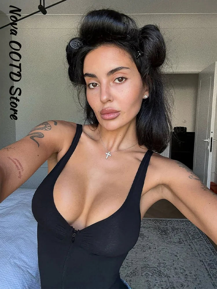 Sexy Schlanker Einfarbiger Korsett-Kurz-Jumpsuit für Damen V-Ausschnitt Reißverschluss Ärmellos Rückenfrei Bodysuit 2026 Frühling Sommer Damen Chic Bustier Neu