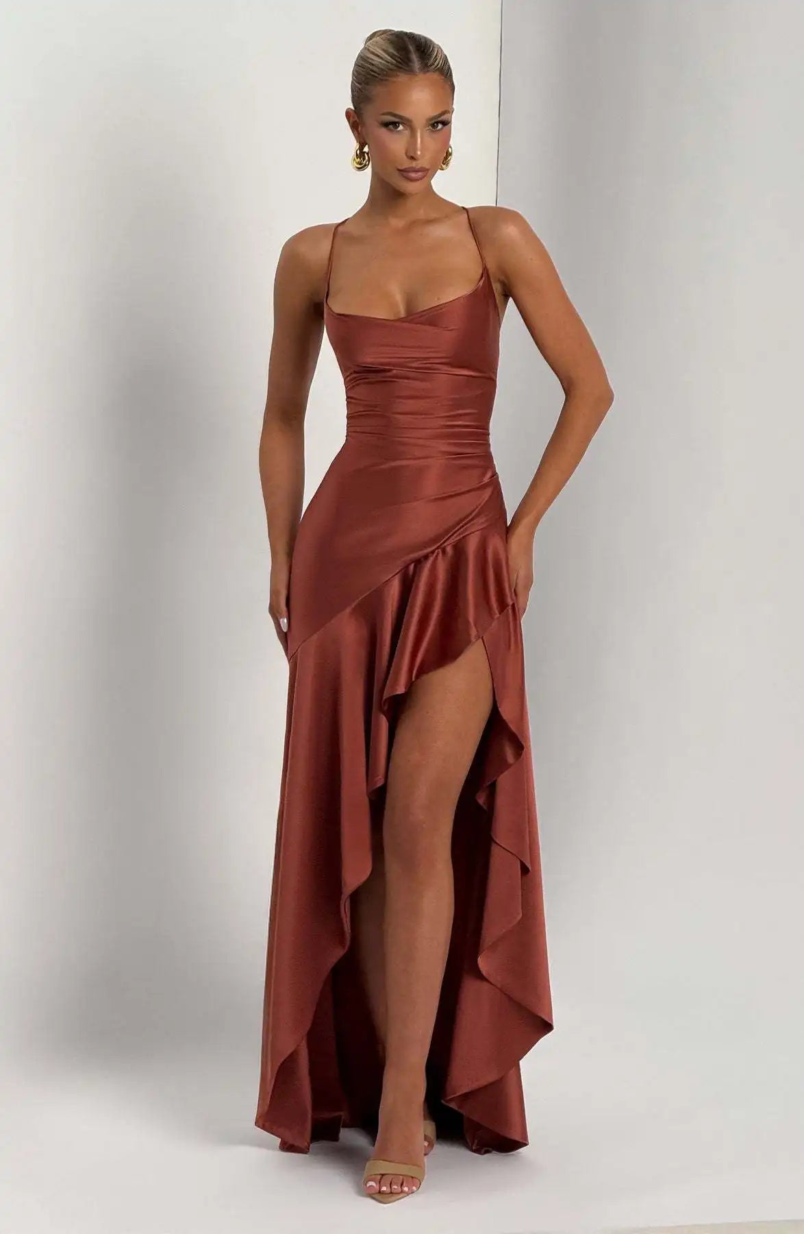 Sommer Kleider Für Frau Sexy Vestidos Schlank Backless Elegante Abendkleid Schlitz Einfarbig Spaghetti Strap Leace-up Temperament