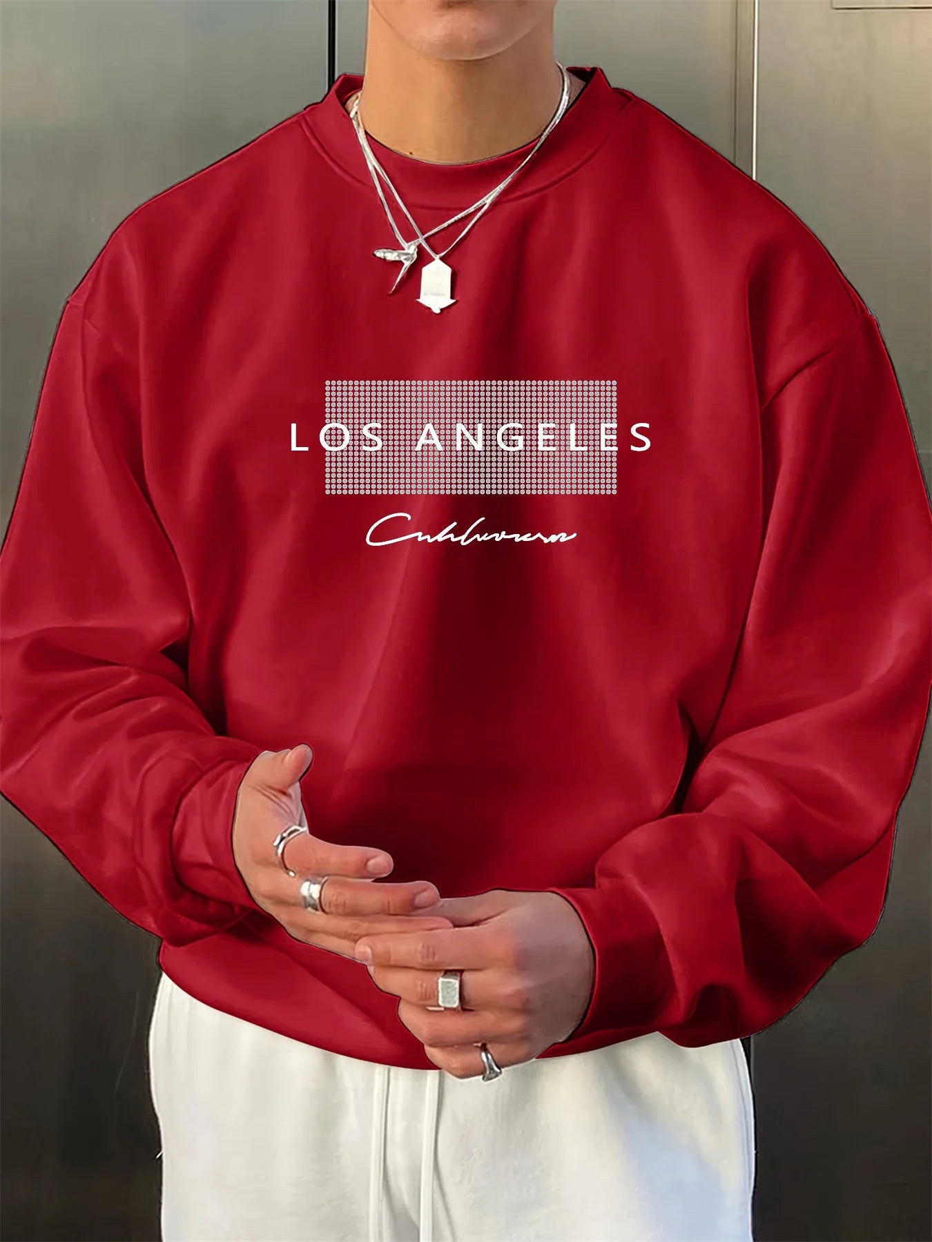 Men's autumn and winter fashionable casual loose Los Angeles letter graphic fleece long sleeved round neck sweatshirt