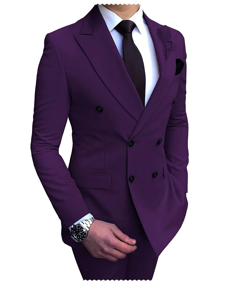 2024 Neuer beigefarbener Herrenanzug, 2-teilig, zweireihig, Reverskragen, flach, schmale Passform, lässiger Smoking für Hochzeit (Blazer + Hose)