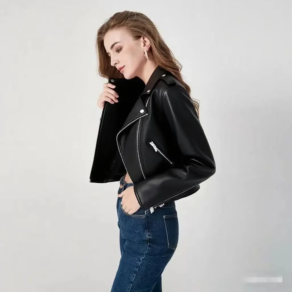 Damen-PU-Lederjacke, schmale Passform, Motorrad, gewaschener Reißverschluss, Oberteil, Herbst-Winter, modische Oberbekleidung, lässiger Stil, volle Ärmel