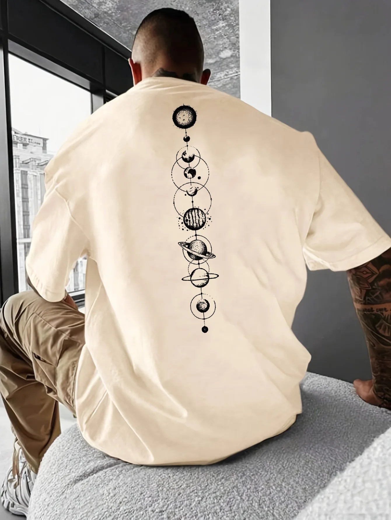 Herren-T-Shirt-Oberteil aus 100 % reiner Baumwolle, Sommer, lockere Größe, Planet-Grafikdruck, lässig, schmale Passform, Rundhalsausschnitt, kurzärmelig