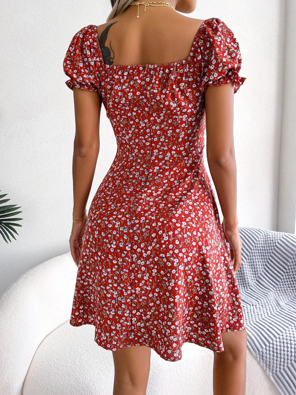 Sommer Blumendruck Kurzes Kleid Bufftrly Ärmel Retro Damenkleider Mode Lässig Square Neck Tunika Strandkleid Elegant Chic