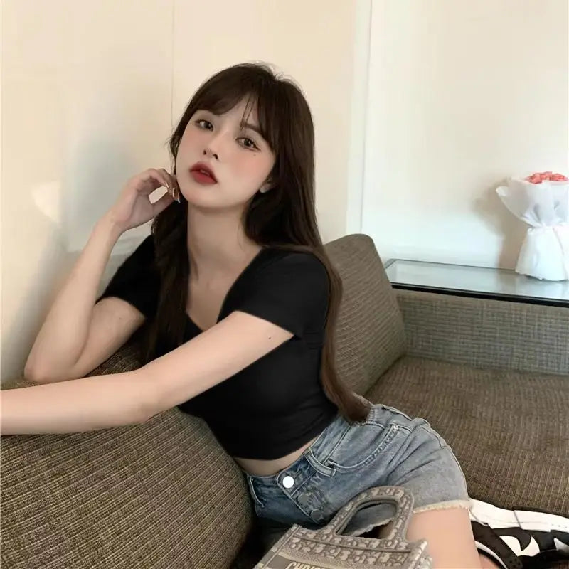Sommerliche sexy Crop-Tops für Damen, schmal geschnitten, Kpop Y2K Kawaii Gothic T-Shirt, Harajuku Vintage, günstige Kleidung, süße Streetwear-Shirts