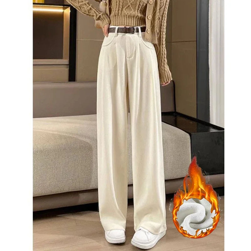 Heißer Verkauf Winter Dame Schnee Warme Hosen Mädchen Klassische Fleece Hohe Taille Hose Frauen Gerade Bein Plüsch Thermische Casual Hosen