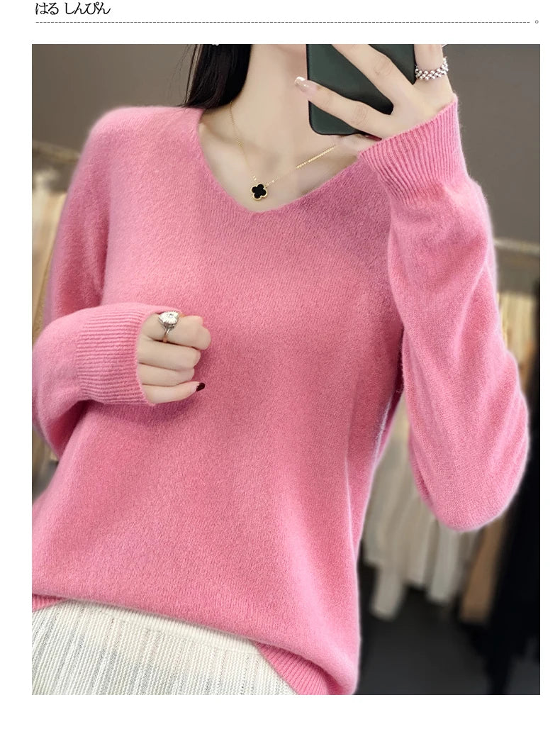 Frauen 100% Merinowolle Pullover V-Ausschnitt Basic Pullover Herbst Winter Kaschmir Kleidung Langarm weiche Strickwaren Tops einfarbig