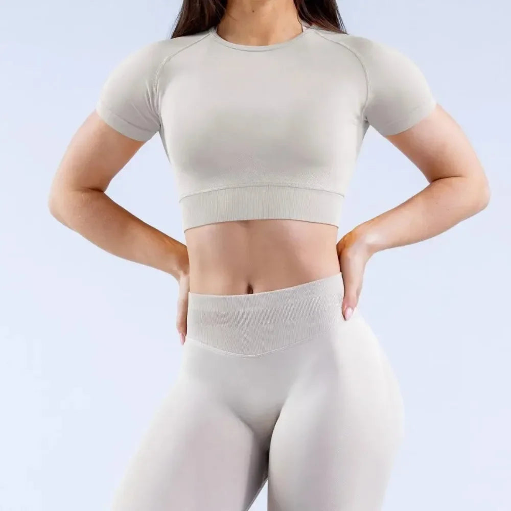 Sommer-Damen-Yoga-Top, einfarbig, kurzärmelig, mit freiliegendem Nabel, eng anliegend, Rundhalsausschnitt, für Fitnessstudio, Sport, kurzärmeliges T-Shirt