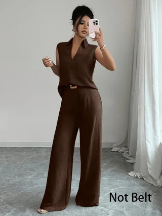2026 Sommer Neues Ärmelloses V-Ausschnitt-Set mit Weiten Hosen, Französischer Stil Hochwertiges Business-Casual Zweiteiler-Set, Elegante und Schlankmachende Übergrößen-Damenkleidung, Geeignet für Büro, Alltag und Urlau