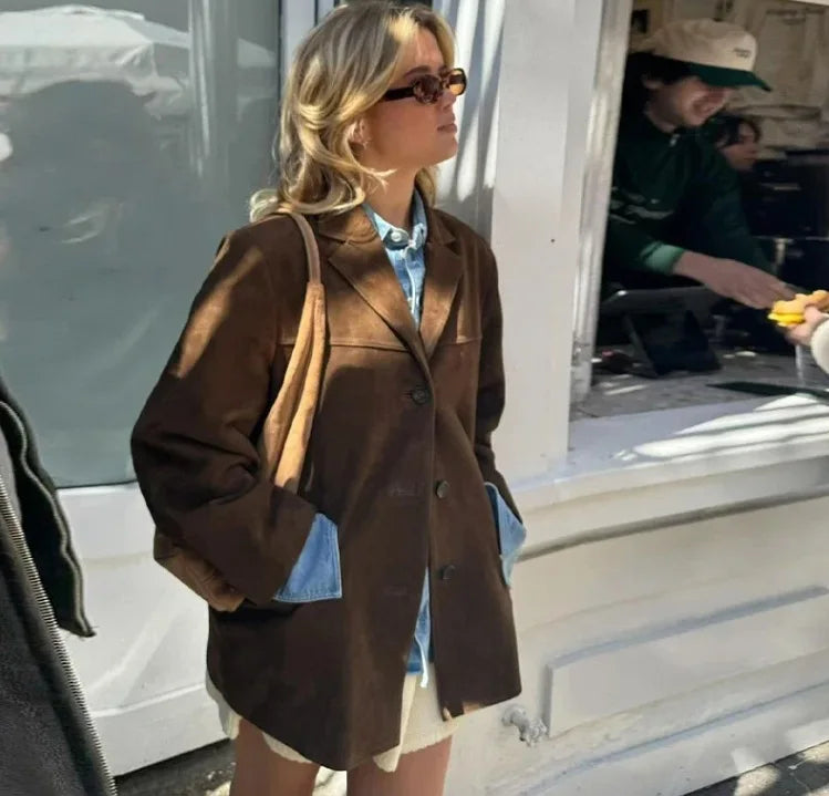 2024 herbst Winter Frauen Jacke Mit Revers Frau Casual Einreiher Tasche Langarm Kurzen Mantel Straße Mantel