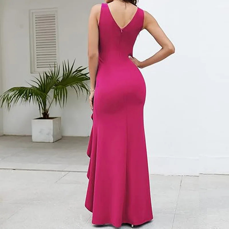 Sexy Schlitz, Rüschen, ärmellos, Abendkleider für Damen, modisch, V-Ausschnitt, schlank, plissiert, elegantes weibliches Maxi-langes Kleid 2025,
