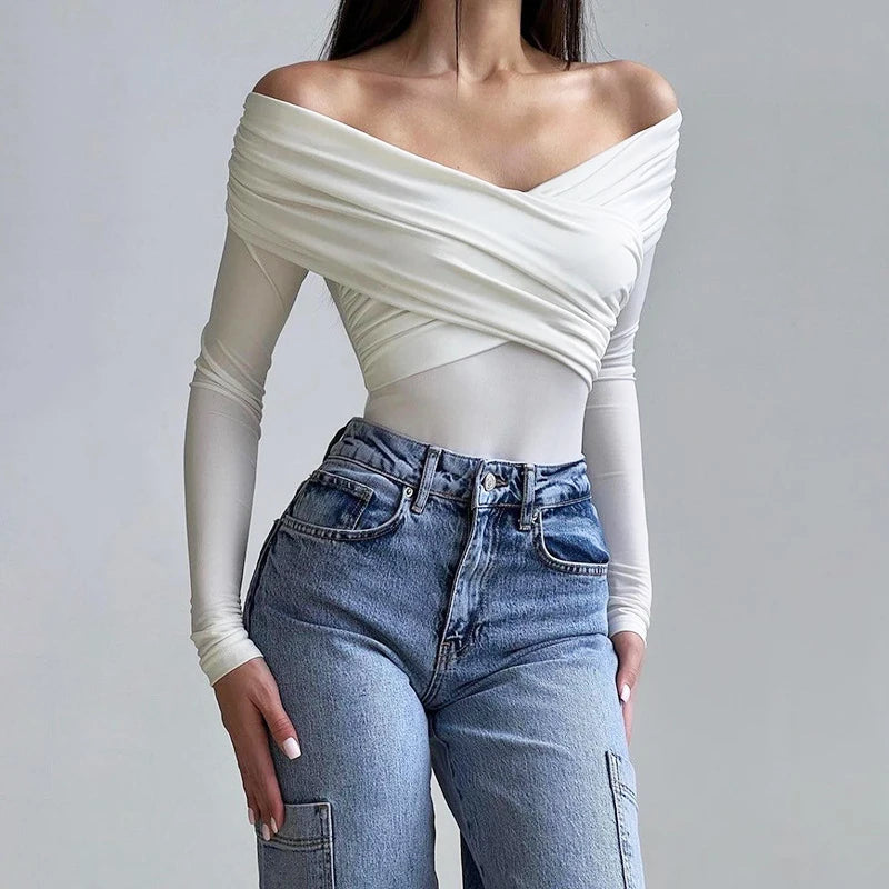 Herbst neuer 2024, sexy und modischer, schulterfreier Patchwork-Langarm-Slim-Fit-Overall mit V-Ausschnitt und schmaler Passform für Damen