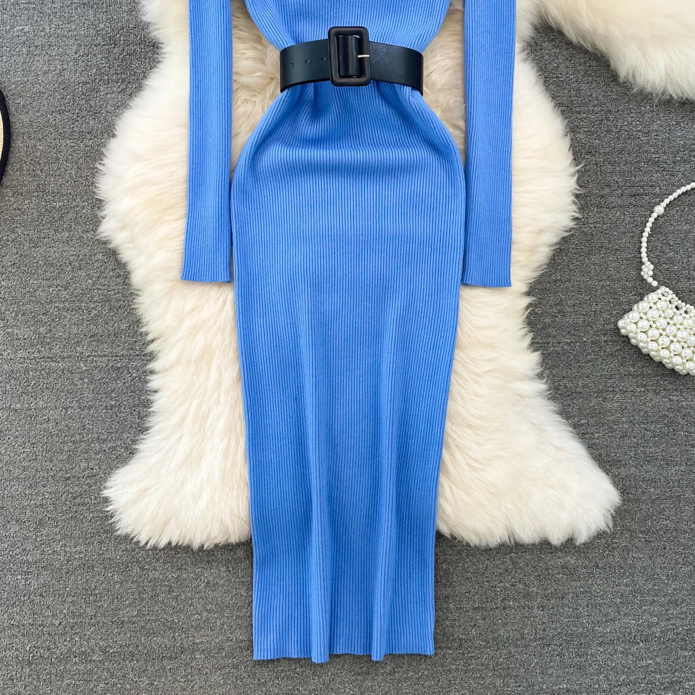 REALEFT Herbst Winter 2025, neue Rollkragen frauen Gestrickte Kleider mit Gürtel Langarm Elegante Bodycon Wrap Kleid Weibliche