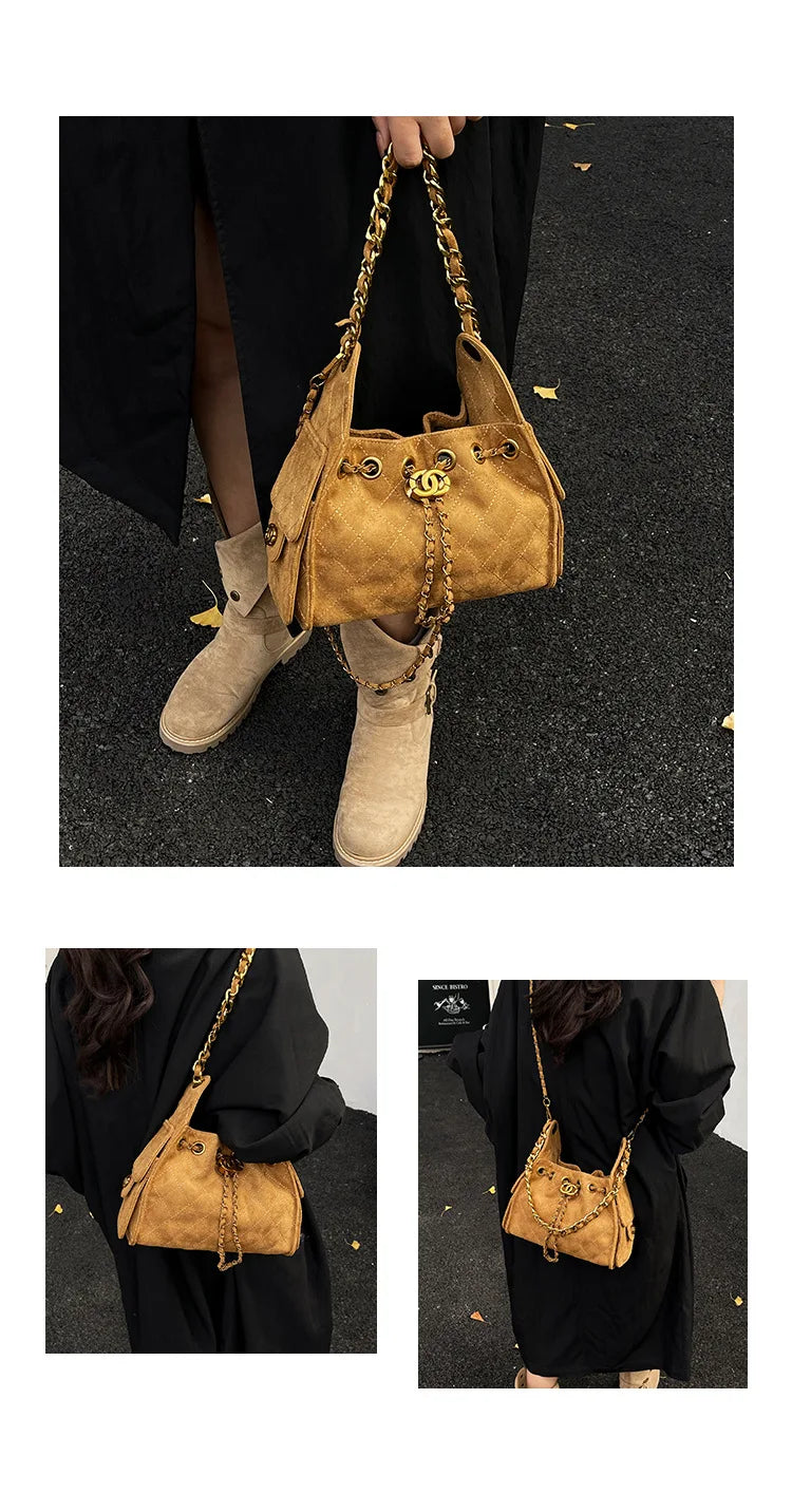 Trendy Geometric Chain Underarm Bag Women's Shoulder Bag Commuter Crossbody Bag Versatile PU Bucket Bag Autumn New Style